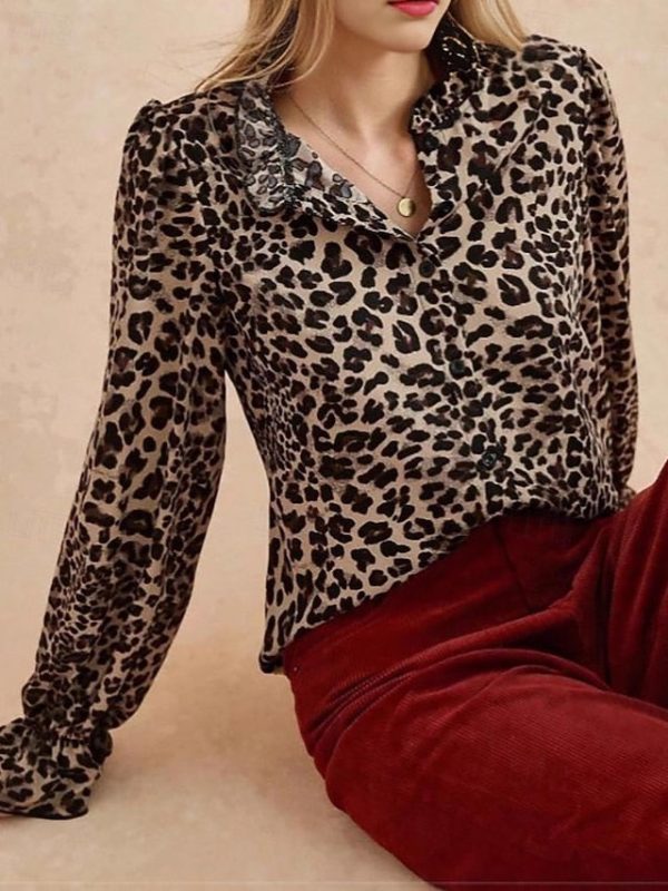 Women's Shirt Blouse Buttons Leopard Elegant Vintage - Image 2