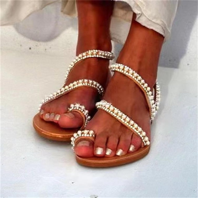 Elegant Pearl-Embellished  Sandals Strappy Women