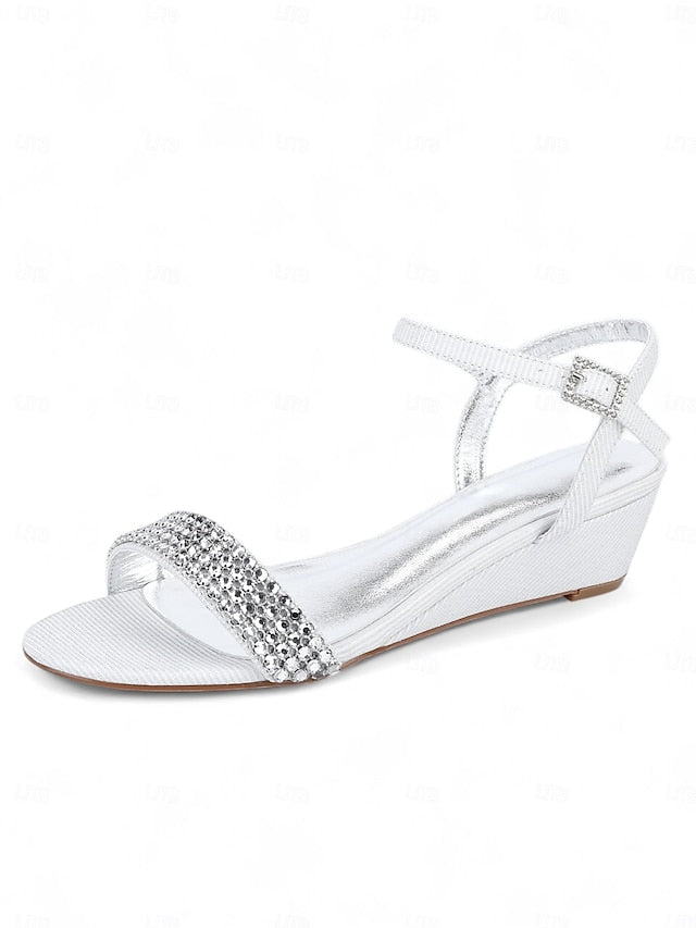 Rhinestone Sandals Toe Open Champagne Wedge Women