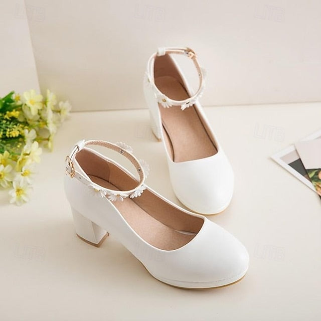 with Ankle Shoes Block White Daisy Flower Heel Girls