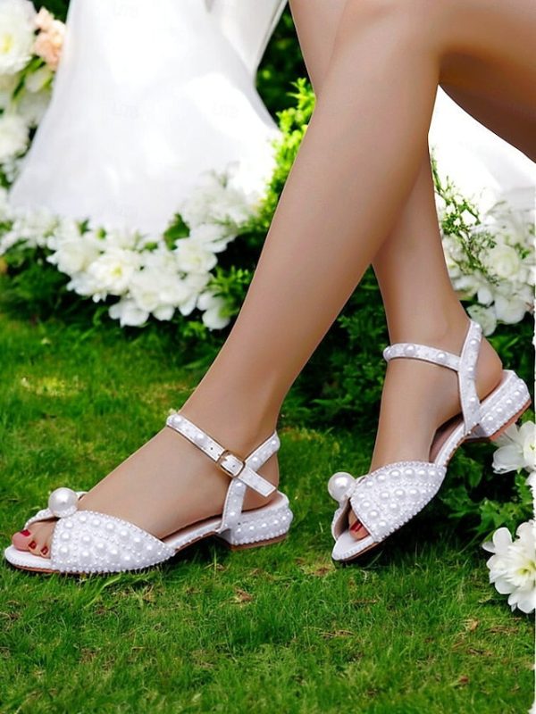Low White Heel Pearl-Embellished Sandals Women's