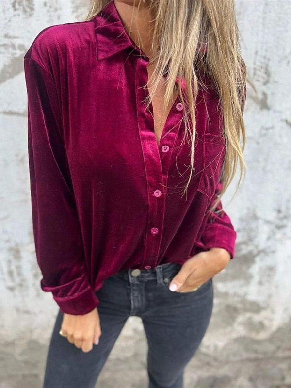 Women's Shirt Velvet Elegant Dressy Pocket Buttons Draped - Image 3