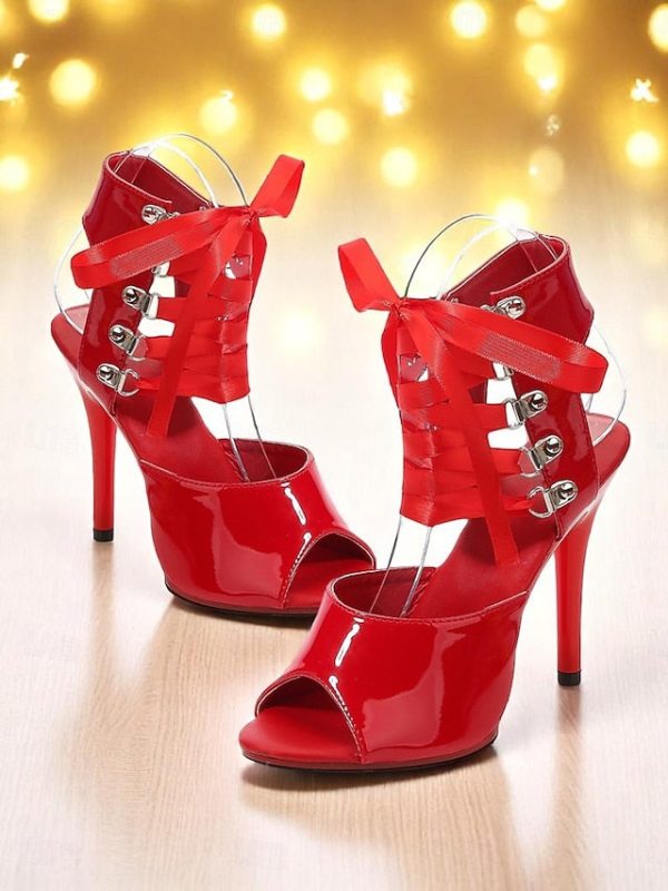 Cutout Lace-Up Sandals Patent Women's Black Sexy - Stiletto - Image 9