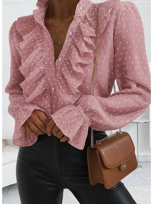 Shirt Blouse Women's White Pink Blue Plain Ruffle Button - Image 2