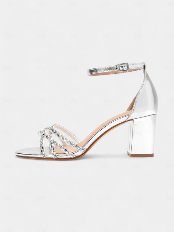 Rhinestone Silver Metallic Block Heel Sandals with Strappy - Image 3