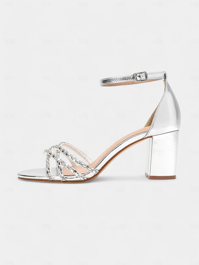 Rhinestone Silver Metallic Block Heel Sandals with Strappy - Image 3