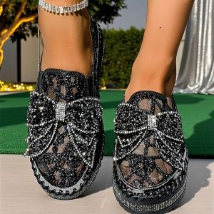 Women's Shoes Rhinestone Black with Lace Bow Slip-On