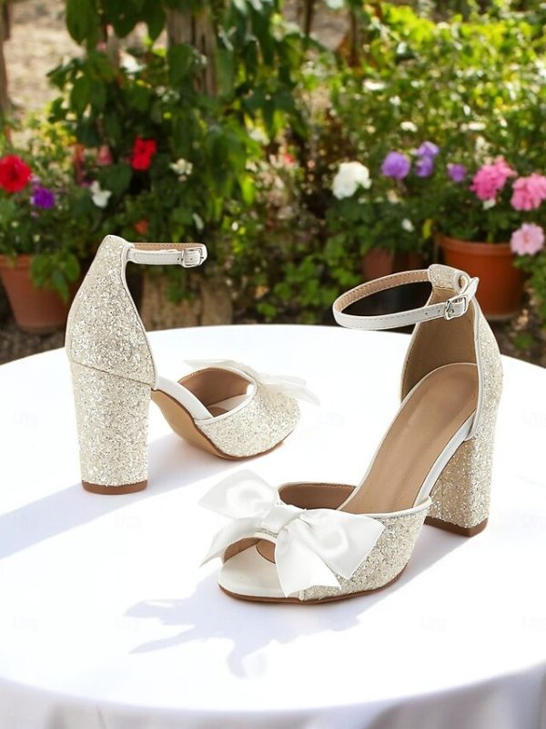 Heel Sandals with Ankle Glitter Block Wedding White Women's - Image 4