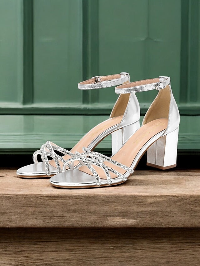 Rhinestone Silver Metallic Block Heel Sandals with Strappy - Image 1