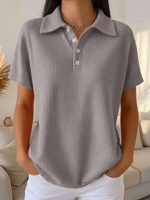 Women's Shirt Waffle Shirt Blouse Patchwork Buttons Plain - Image 5