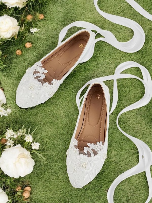 Wedding Ribbon Lace White Shoes - Ties Elegant Bridal Flats with - Image 4