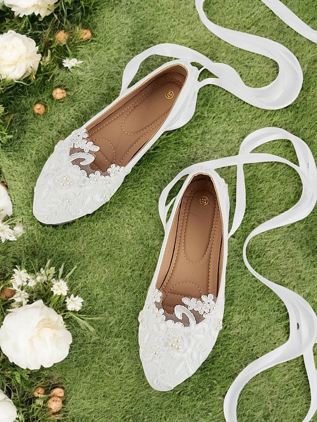 Wedding Ribbon Lace White Shoes - Ties Elegant Bridal Flats with - Image 4