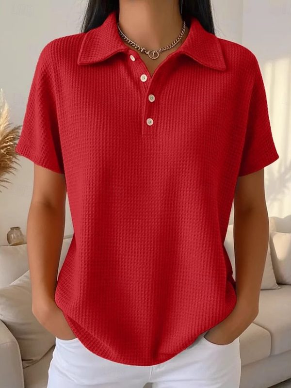 Women's Shirt Waffle Shirt Blouse Patchwork Buttons Plain - Image 2