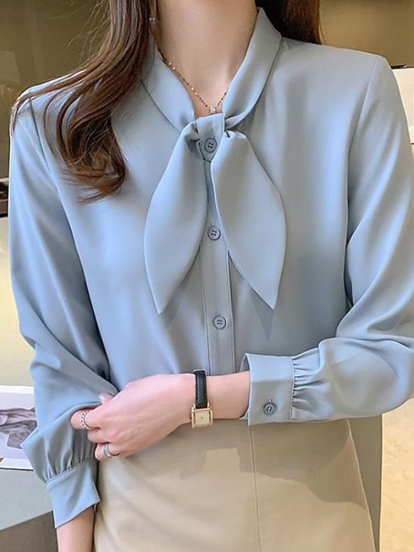 Women's Shirt Elegant Satin Top Blouse Bow Plain Stylish - Image 5
