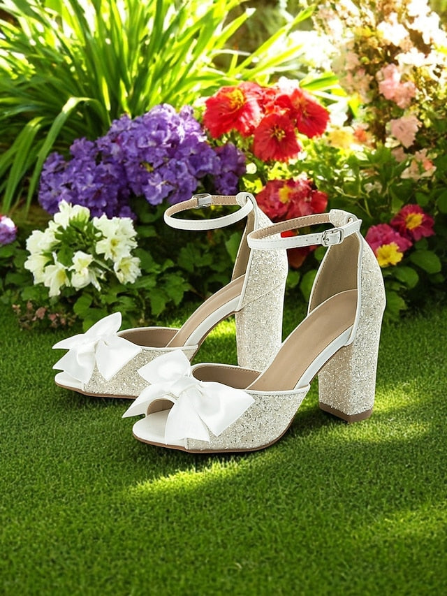 Heel Sandals with Ankle Glitter Block Wedding White Women