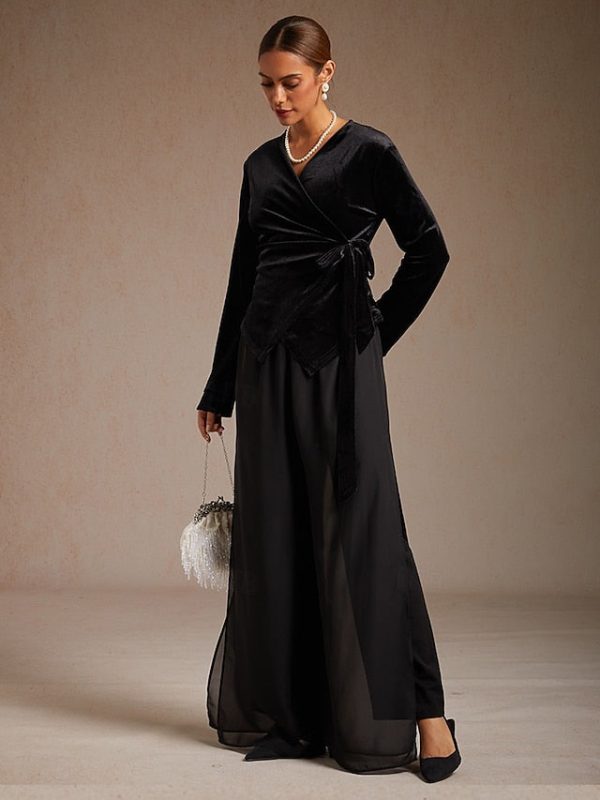 Women's Velvet Wrap Tops Dressy Tops Tie Front Solid Color - Image 6