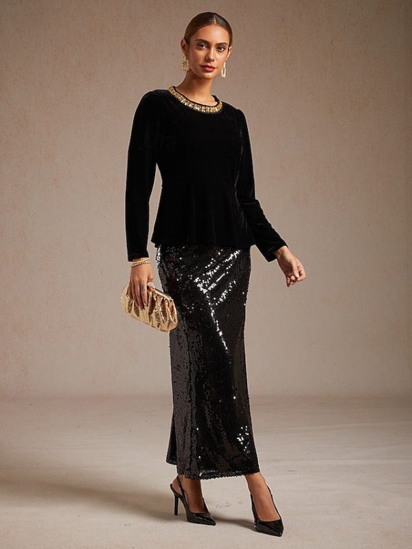 Women's Velvet Blouse Beaded Elegant Crew Neck Regular Tops - Image 11