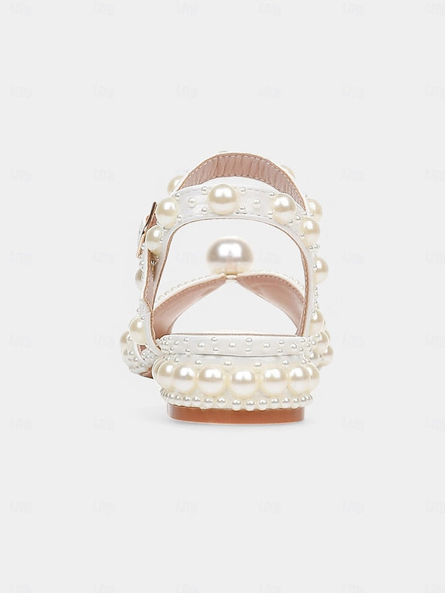 Low White Heel Pearl-Embellished Sandals Women