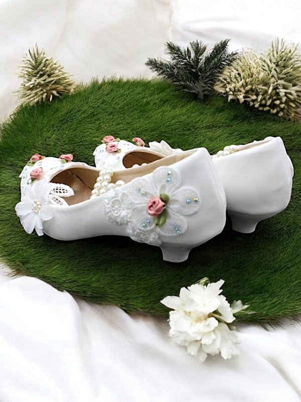 for Floral Strap Bridal Pearl Low Embellished White Heel Shoes - Image 5