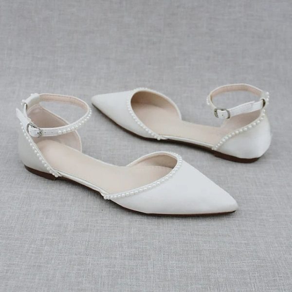 Flat White Women's Toe Shoes Pearl-Embellished with Pointed - Image 2
