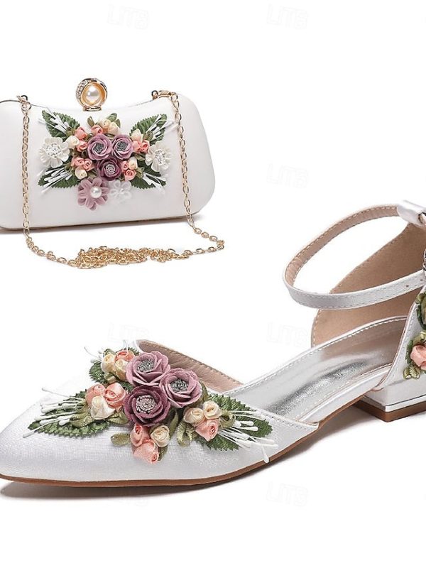 White Clutch Embroidered with Floral Matching Shoes Flat - Image 7
