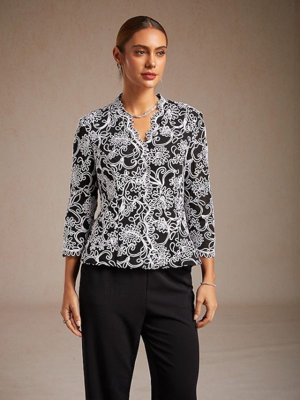 Women's Dressy Tops Floral Paisley Embroidered Elegant 3/4 - Image 5