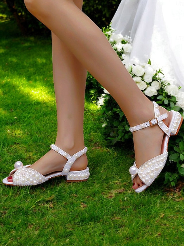 Low White Heel Pearl-Embellished Sandals Women