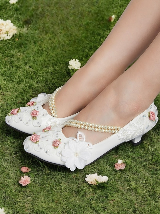 for Floral Strap Bridal Pearl Low Embellished White Heel Shoes - Image 1