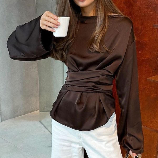 Women's Shirt Dress Shirt Tunic Buttons Tie Back Solid - Image 3