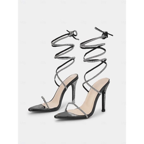 Stiletto Women's Sandals Sexy Lace-Up Rhinestone Black - Image 5