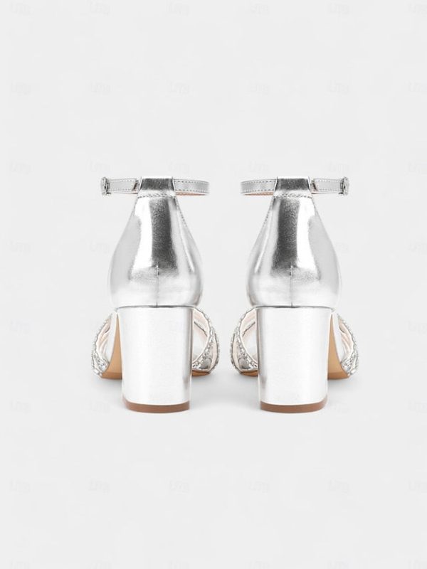 Rhinestone Silver Metallic Block Heel Sandals with Strappy - Image 6