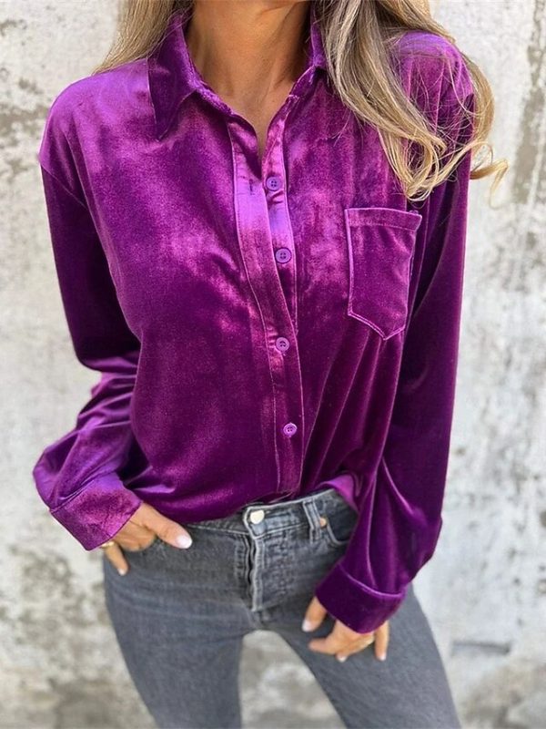 Women's Shirt Velvet Elegant Dressy Pocket Buttons Draped - Image 2