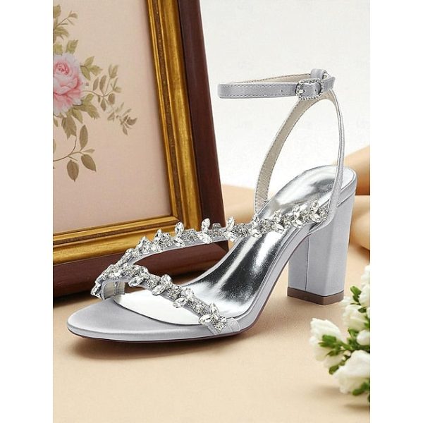 Rhinestone Women's Straps Block Heel - White Sandals with - Image 17