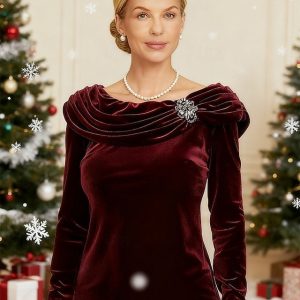 Christmas Women's Dressy Tops Velvet Elegant Long Sleeve