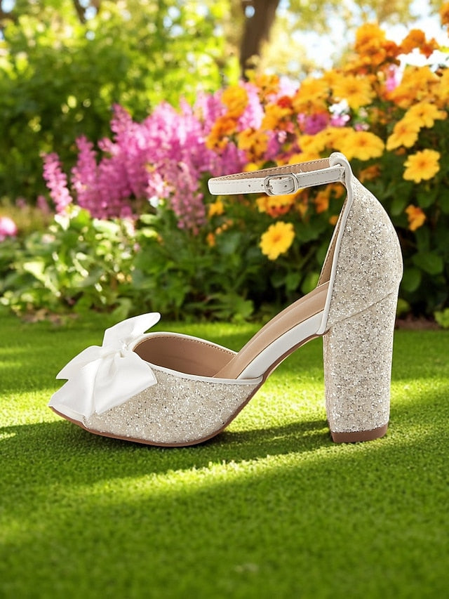 Heel Sandals with Ankle Glitter Block Wedding White Women