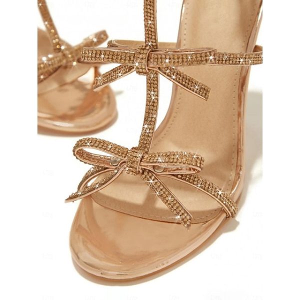 Sparkly Sandals Knot Strappy Bow Women's Stiletto Gold - Image 4