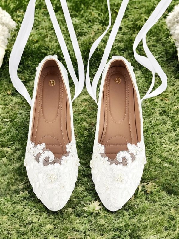 Wedding Ribbon Lace White Shoes - Ties Elegant Bridal Flats with - Image 2