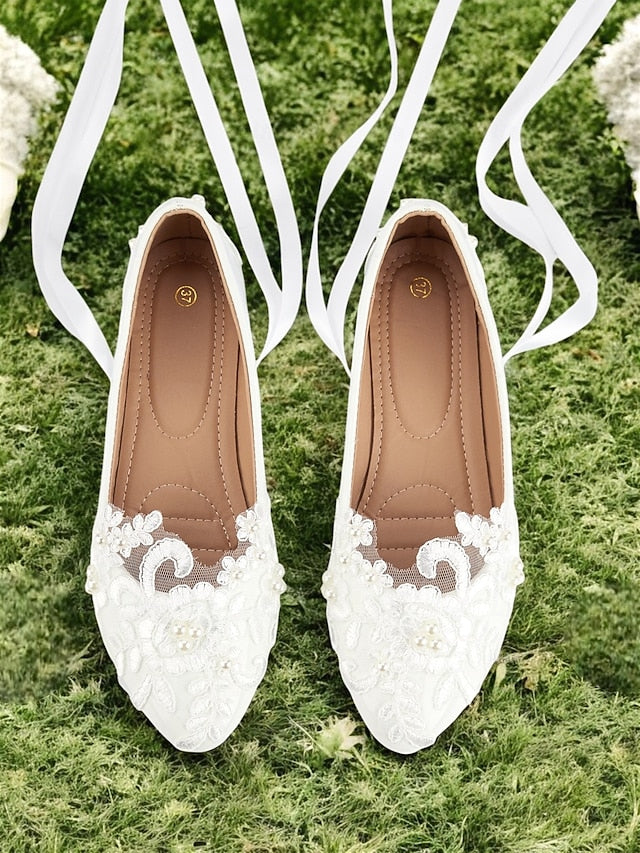 Wedding Ribbon Lace White Shoes - Ties Elegant Bridal Flats with - Image 2