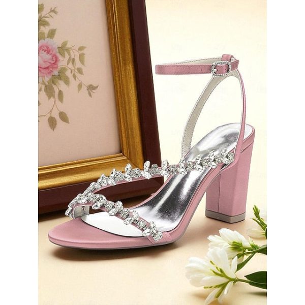 Rhinestone Women's Straps Block Heel - White Sandals with - Image 15