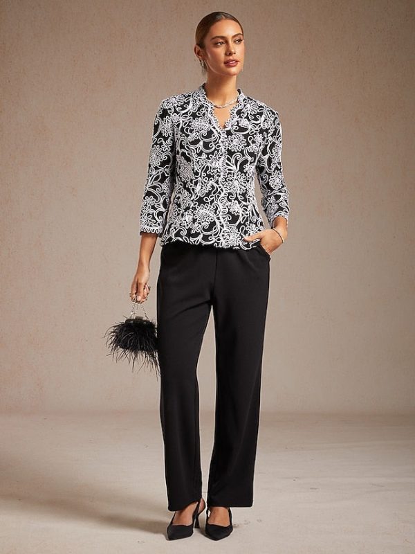 Women's Dressy Tops Floral Paisley Embroidered Elegant 3/4 - Image 7