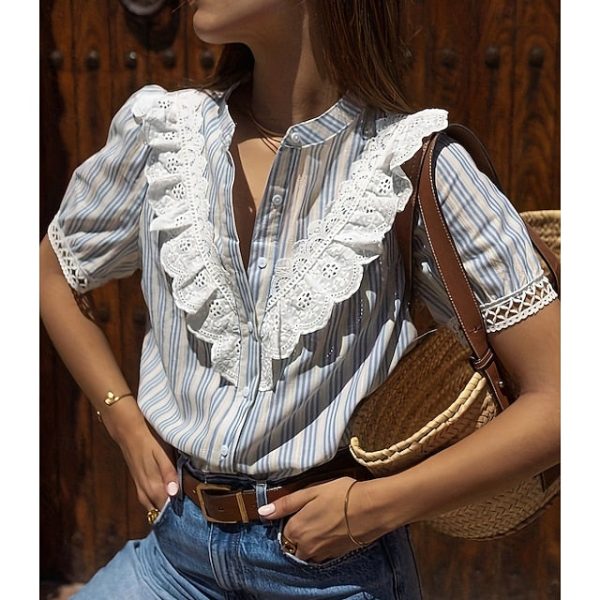 Women's Summer Shirt Button Up Shirt Blouse Lace Ruffle - Image 3