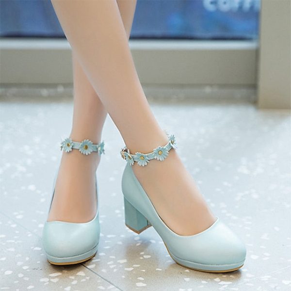with Ankle Shoes Block White Daisy Flower Heel Girls' - Image 4