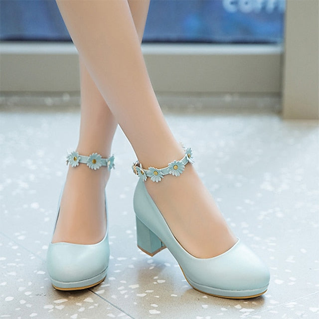 with Ankle Shoes Block White Daisy Flower Heel Girls