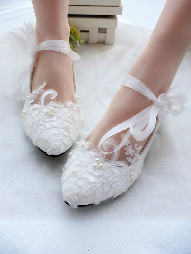 Wedding Ribbon Lace White Shoes - Ties Elegant Bridal Flats with - Image 1