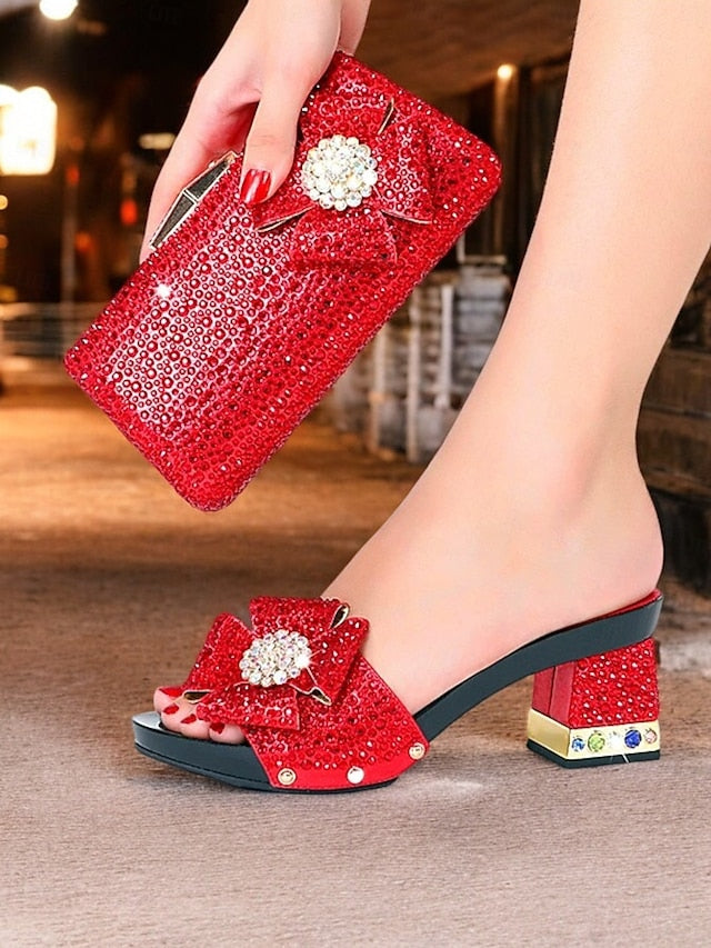 Rhinestone Sparkling High Matching Bow Sandals Clutch with Heel - Image 4