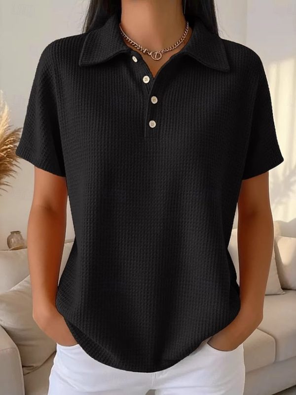 Women's Shirt Waffle Shirt Blouse Patchwork Buttons Plain - Image 3