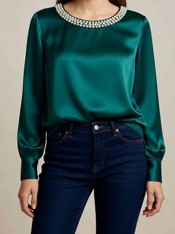 Women's Blouse Dressy Tops Ruched Patchwork Beaded Solid - Image 5