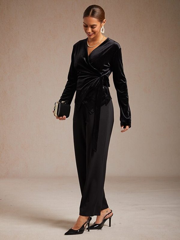 Women's Velvet Wrap Tops Dressy Tops Tie Front Solid Color - Image 8