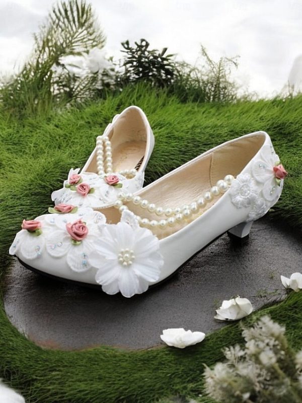 for Floral Strap Bridal Pearl Low Embellished White Heel Shoes - Image 4