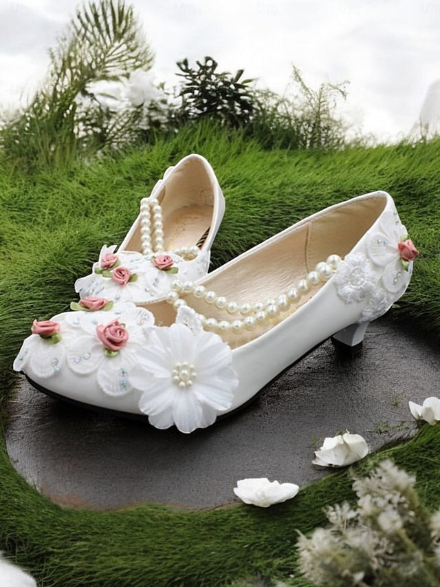 for Floral Strap Bridal Pearl Low Embellished White Heel Shoes - Image 4